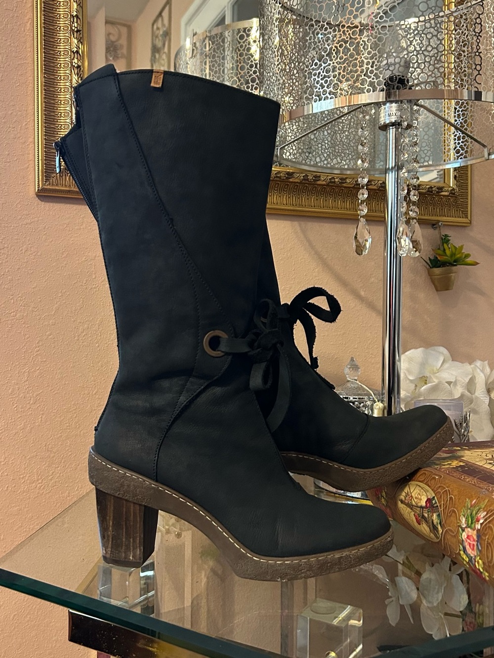 El Naturalista Black Lichen Wodden Heel Leather Boots Size 40